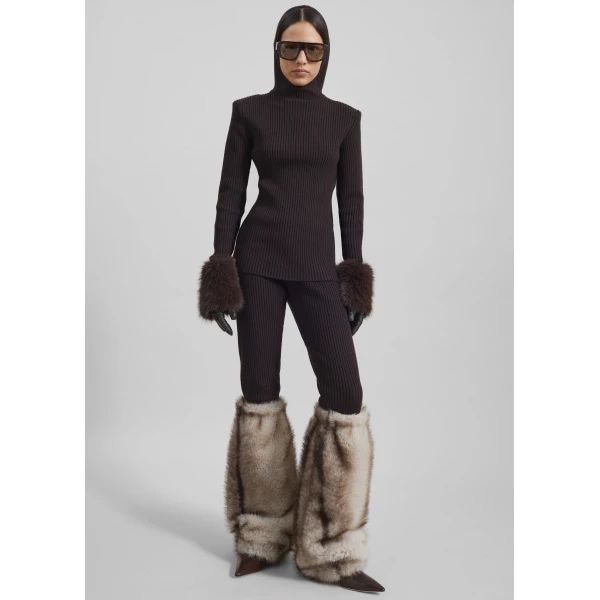 The Frankie Shop Larice Hooded Knit Top - Brown - Oversized Minimalist Tops in Beige - Shop at Luxury Shoes 