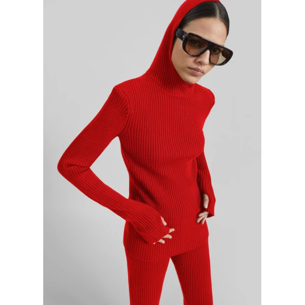 The Frankie Shop Larice Hooded Knit Top - Red - Oversized Minimalist Tops in Red - Shop at Luxury Shoes 