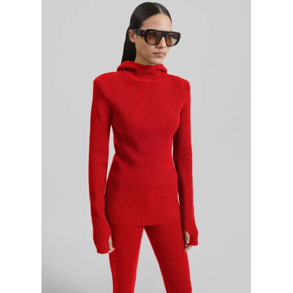 The Frankie Shop Larice Hooded Knit Top - Red - Oversized Minimalist Tops in Red - Shop at Luxury Shoes 