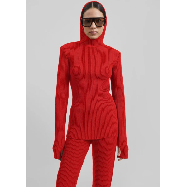 The Frankie Shop Larice Hooded Knit Top - Red - Oversized Minimalist Tops in Red - Shop at Luxury Shoes 