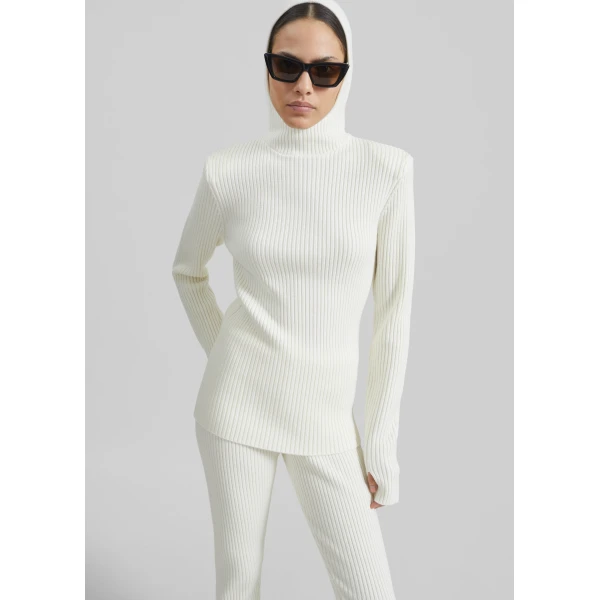 The Frankie Shop Larice Hooded Knit Top - White - Oversized Minimalist Tops in White - Shop at Luxury Shoes 