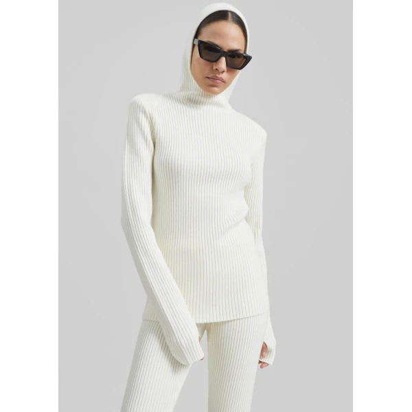 The Frankie Shop Larice Hooded Knit Top - White - Oversized Minimalist Tops in White - Shop at Luxury Shoes 