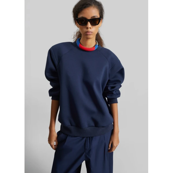 The Frankie Shop Leian Neoprene Padded Sweatshirt - Navy - Oversized Minimalist Tops in Blue - Shop at Luxury Shoes 