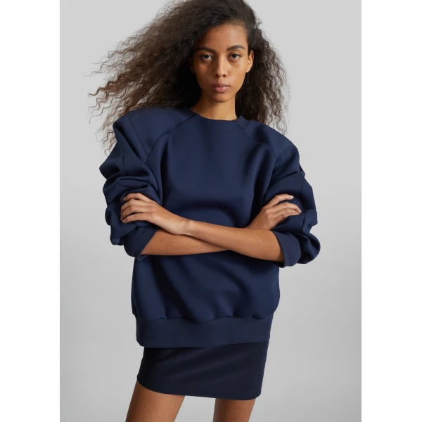 The Frankie Shop Leian Neoprene Padded Sweatshirt - Navy - Oversized Minimalist Tops in Blue - Shop at Luxury Shoes 