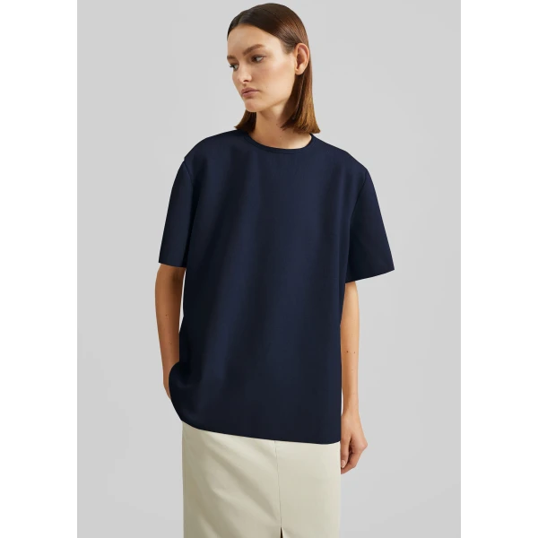 The Frankie Shop Leni Knit Oversized Top - Navy - Oversized Minimalist Tops in Blue - Shop at Luxury Shoes 