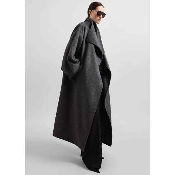 The Frankie Shop Leroy Funnel Neck Wool Coat - Dark Grey Melange - Oversized Minimalist Coats in Grey - Shop at Luxury Shoes 