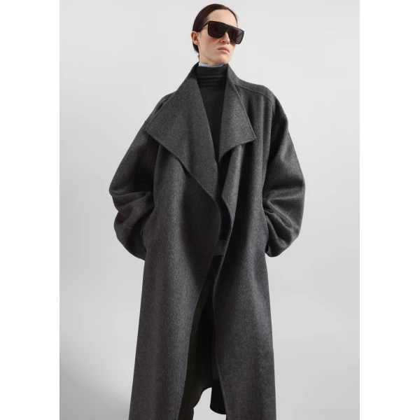 The Frankie Shop Leroy Funnel Neck Wool Coat - Dark Grey Melange - Oversized Minimalist Coats in Grey - Shop at Luxury Shoes 
