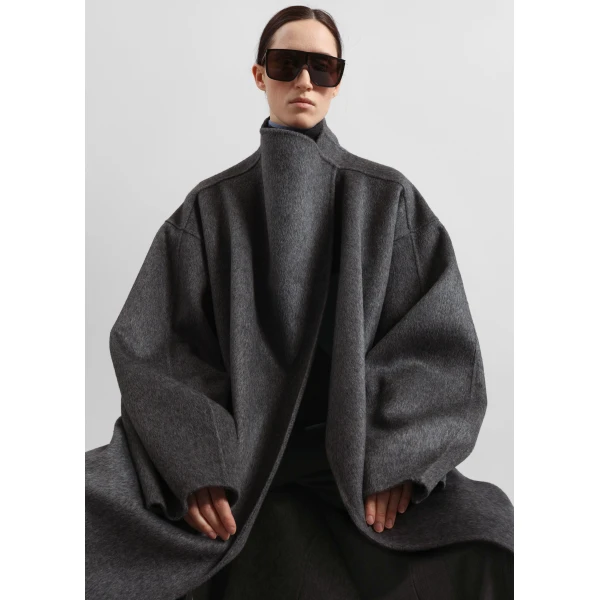 The Frankie Shop Leroy Funnel Neck Wool Coat - Dark Grey Melange - Oversized Minimalist Coats in Grey - Shop at Luxury Shoes 