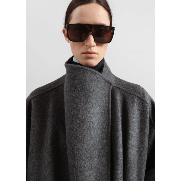 The Frankie Shop Leroy Funnel Neck Wool Coat - Dark Grey Melange - Oversized Minimalist Coats in Grey - Shop at Luxury Shoes 