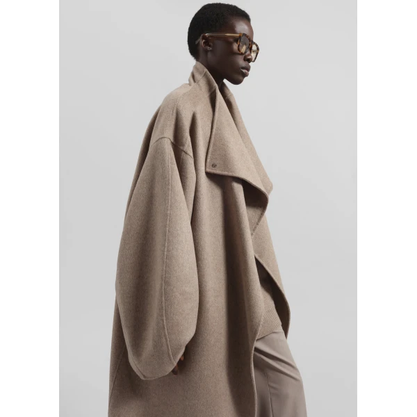 The Frankie Shop Leroy Funnel Neck Wool Coat - Taupe Melange - Oversized Minimalist Coats in Beige - Shop at Luxury Shoes 