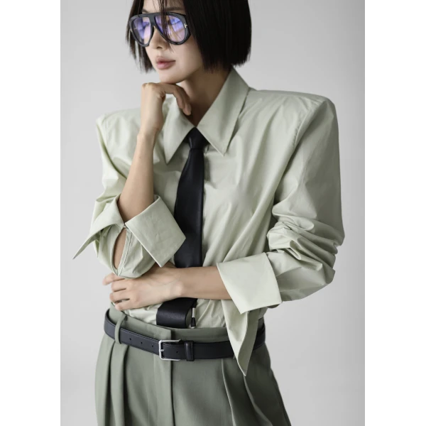 The Frankie Shop Leuven Padded Shirt - Sage - Oversized Minimalist Tops in Green - Shop at Luxury Shoes 