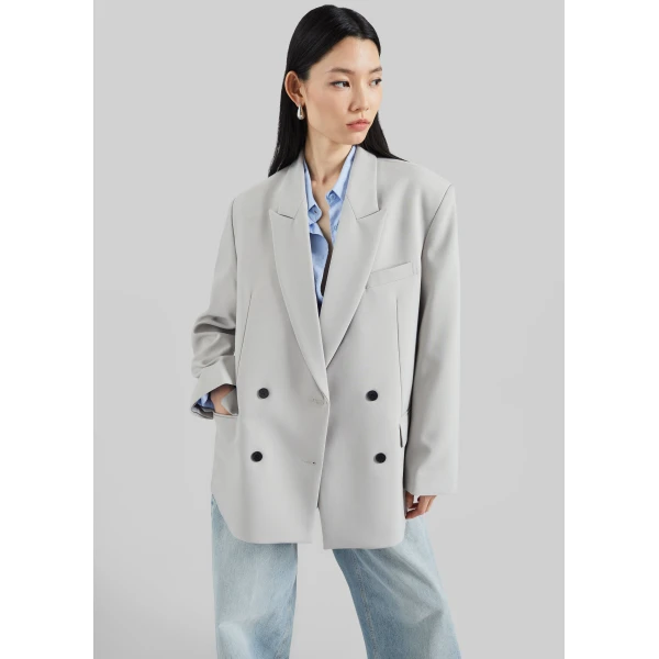 The Frankie Shop Leven Double-Breasted Blazer - Light Grey - Oversized Minimalist Jackets in Grey - Shop at Luxury Shoes 