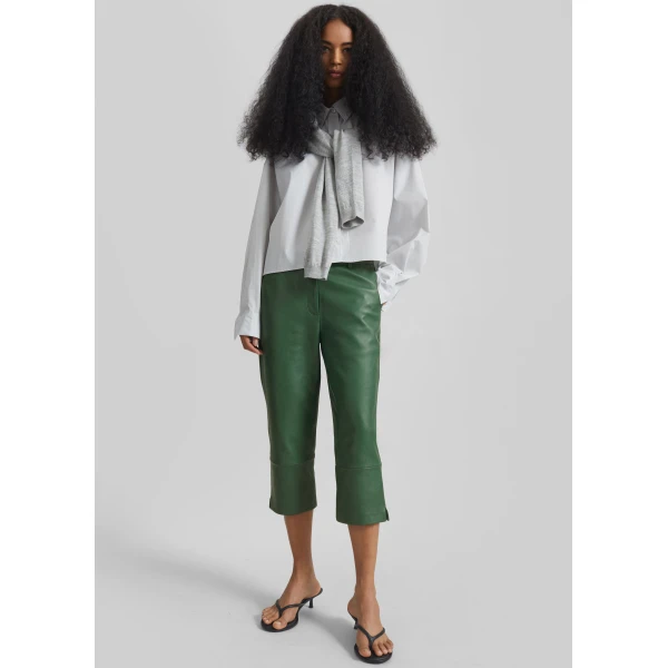The Frankie Shop Lior Leather Capri Pants - Emerald - Oversized Minimalist Pants in Green - Shop at Luxury Shoes 
