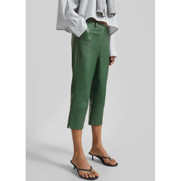 The Frankie Shop Lior Leather Capri Pants - Emerald - Oversized Minimalist Pants in Green - Shop at Luxury Shoes 