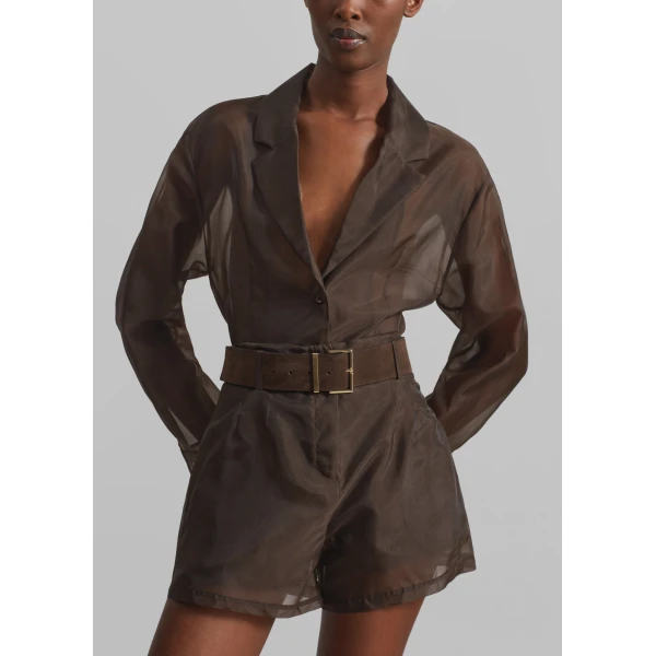 The Frankie Shop Lise Sheer Blazer - Brown - Oversized Minimalist Jackets in Beige - Shop at Luxury Shoes 