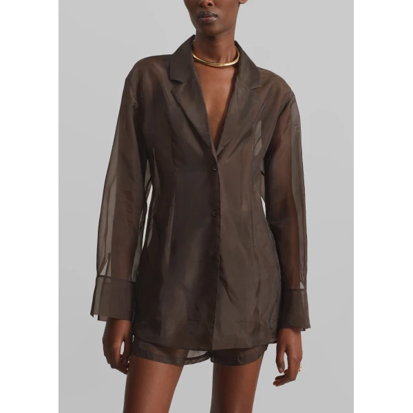 The Frankie Shop Lise Sheer Blazer - Brown - Oversized Minimalist Jackets in Beige - Shop at Luxury Shoes 