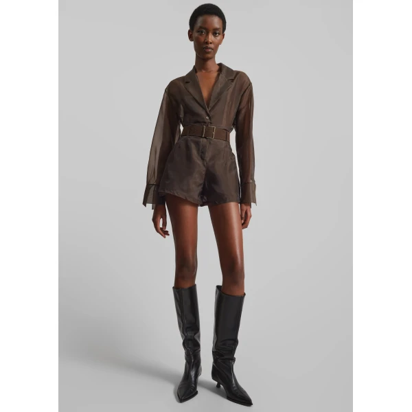 The Frankie Shop Lise Sheer Shorts - Brown - Oversized Minimalist Shorts in Beige - Shop at Luxury Shoes 