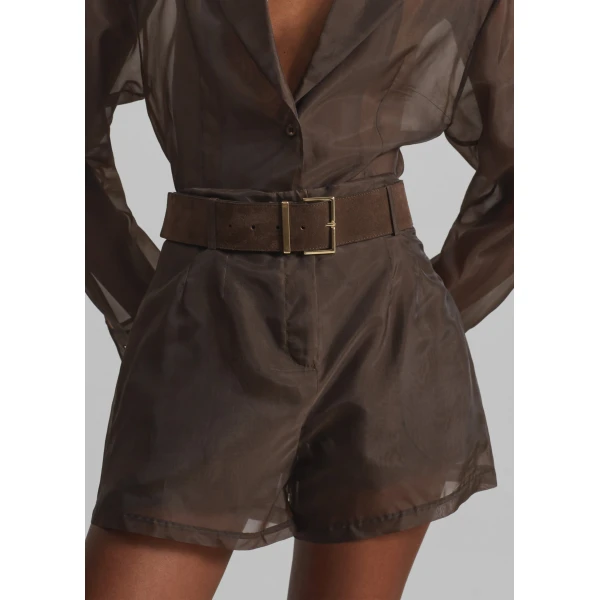 The Frankie Shop Lise Sheer Shorts - Brown - Oversized Minimalist Shorts in Beige - Shop at Luxury Shoes 