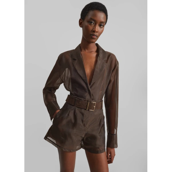 The Frankie Shop Lise Sheer Shorts - Brown - Oversized Minimalist Shorts in Beige - Shop at Luxury Shoes 