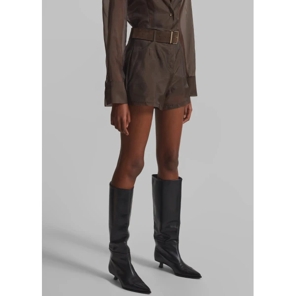 The Frankie Shop Lise Sheer Shorts - Brown - Oversized Minimalist Shorts in Beige - Shop at Luxury Shoes 