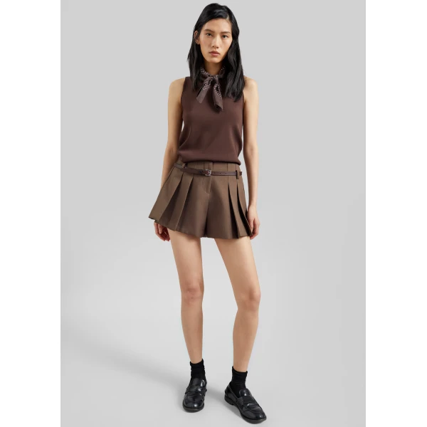 The Frankie Shop Lojsta Pleated Mini Shorts - Brown - Oversized Minimalist Shorts in Beige - Shop at Luxury Shoes 