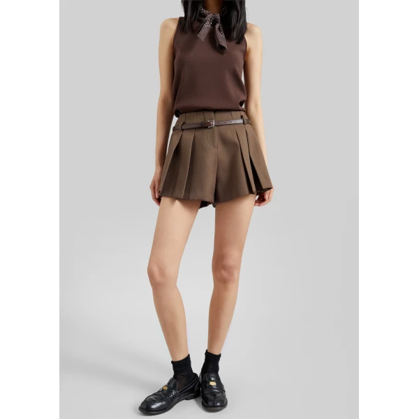 The Frankie Shop Lojsta Pleated Mini Shorts - Brown - Oversized Minimalist Shorts in Beige - Shop at Luxury Shoes 