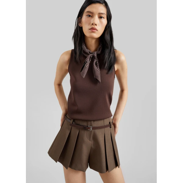 The Frankie Shop Lojsta Pleated Mini Shorts - Brown - Oversized Minimalist Shorts in Beige - Shop at Luxury Shoes 