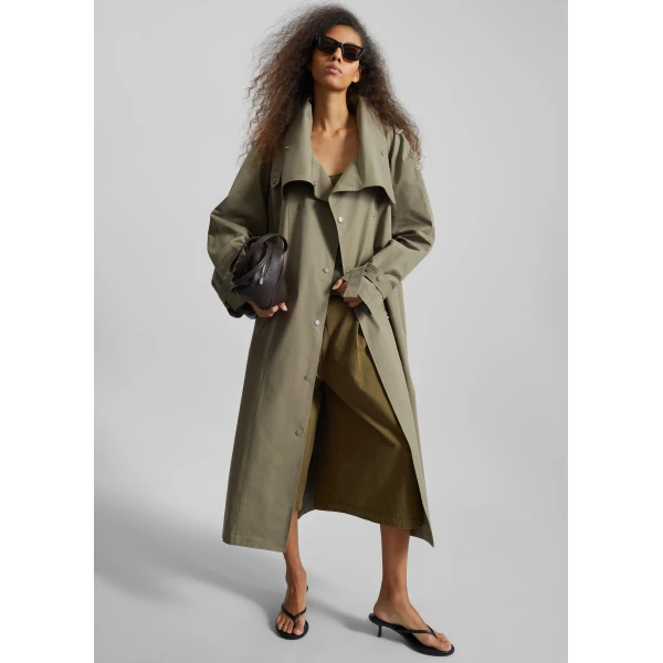 The Frankie Shop Lottie Wing Collar Trench Coat - Olive - Oversized Minimalist Coats in Green - Shop at Luxury Shoes 