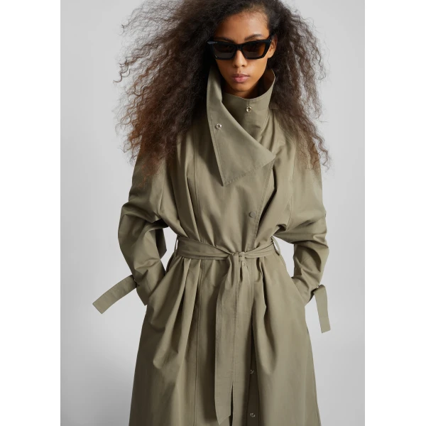The Frankie Shop Lottie Wing Collar Trench Coat - Olive - Oversized Minimalist Coats in Green - Shop at Luxury Shoes 