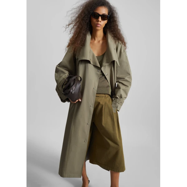 The Frankie Shop Lottie Wing Collar Trench Coat - Olive - Oversized Minimalist Coats in Green - Shop at Luxury Shoes 