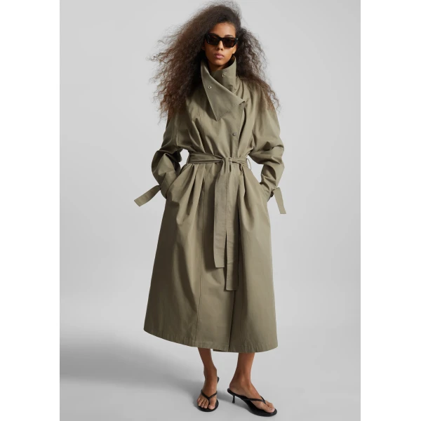 The Frankie Shop Lottie Wing Collar Trench Coat - Olive - Oversized Minimalist Coats in Green - Shop at Luxury Shoes 