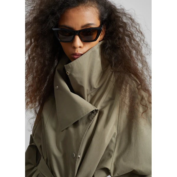 The Frankie Shop Lottie Wing Collar Trench Coat - Olive - Oversized Minimalist Coats in Green - Shop at Luxury Shoes 