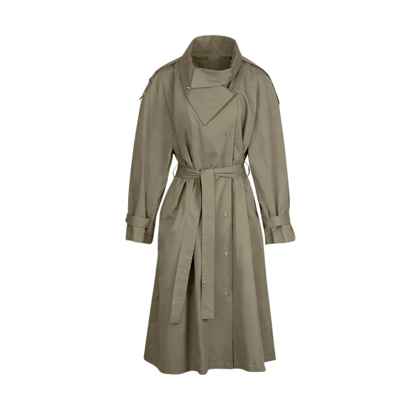 The Frankie Shop Lottie Wing Collar Trench Coat - Olive - Oversized Minimalist Coats in Green - Shop at Luxury Shoes 