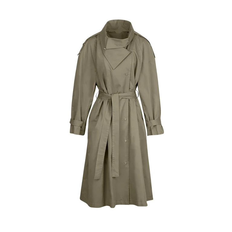 The Frankie Shop Lottie Wing Collar Trench Coat - Olive - Oversized Minimalist Coats in Green - Shop at Luxury Shoes 