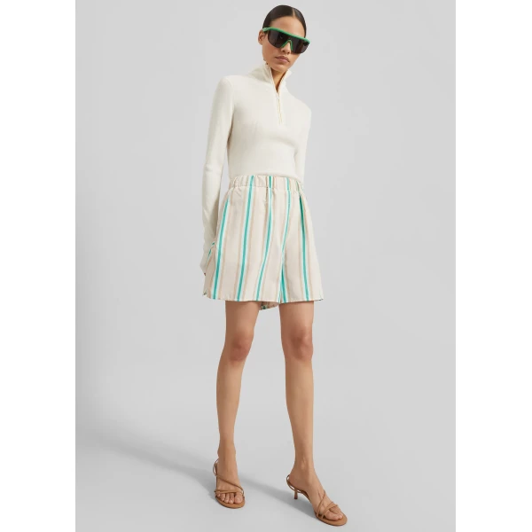 The Frankie Shop Lui Fluid Boxer Shorts - Beige Multi Stripe - Oversized Minimalist Shorts in Multicolour - Shop at Luxury Shoes 