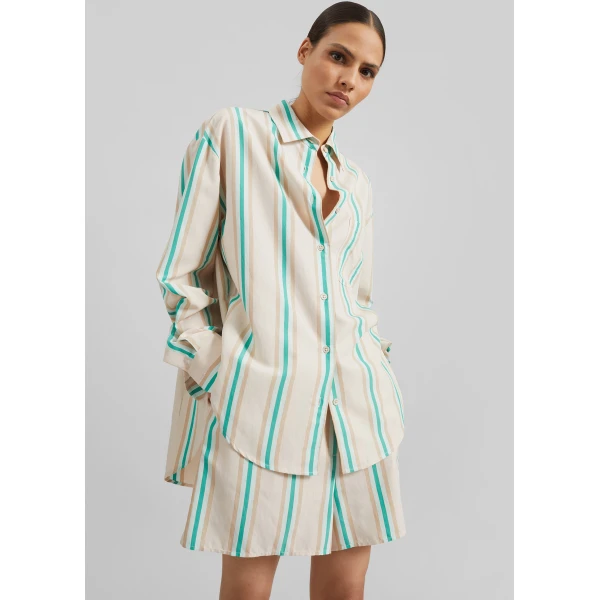 The Frankie Shop Lui Fluid Boxer Shorts - Beige Multi Stripe - Oversized Minimalist Shorts in Multicolour - Shop at Luxury Shoes 