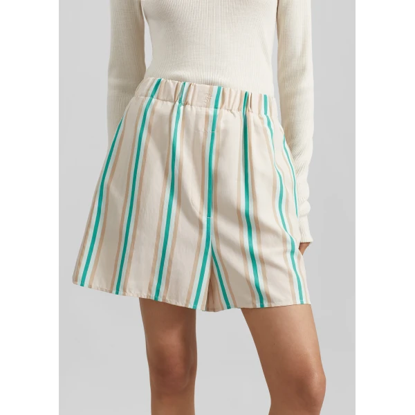 The Frankie Shop Lui Fluid Boxer Shorts - Beige Multi Stripe - Oversized Minimalist Shorts in Multicolour - Shop at Luxury Shoes 