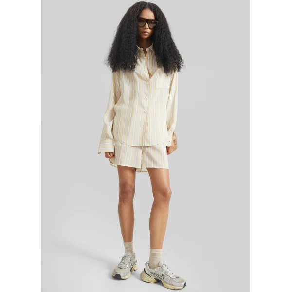 The Frankie Shop Lui Fluid Boxer Shorts - Yellow/White Stripe - Oversized Minimalist Shorts in Multicolour - Shop at Luxury Shoes 