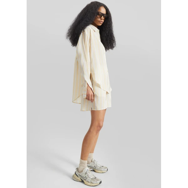 The Frankie Shop Lui Fluid Boxer Shorts - Yellow/White Stripe - Oversized Minimalist Shorts in Multicolour - Shop at Luxury Shoes 