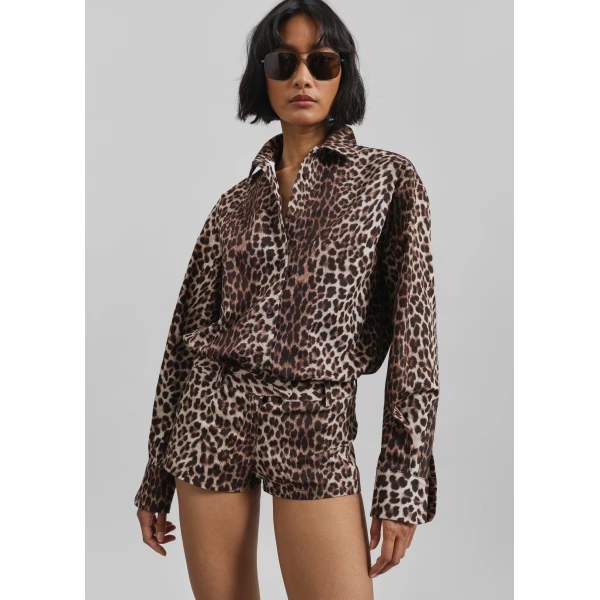 The Frankie Shop Lui Leopard Print Shirt - Brown - Oversized Minimalist Tops in Beige - Shop at Luxury Shoes 