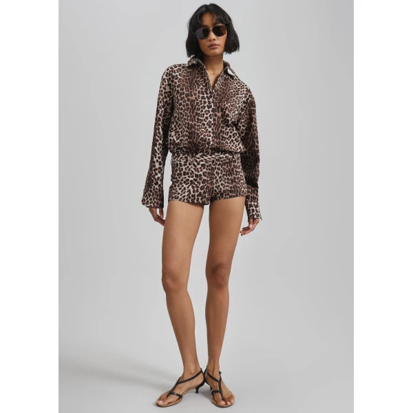 The Frankie Shop Lui Leopard Print Shirt - Brown - Oversized Minimalist Tops in Beige - Shop at Luxury Shoes 