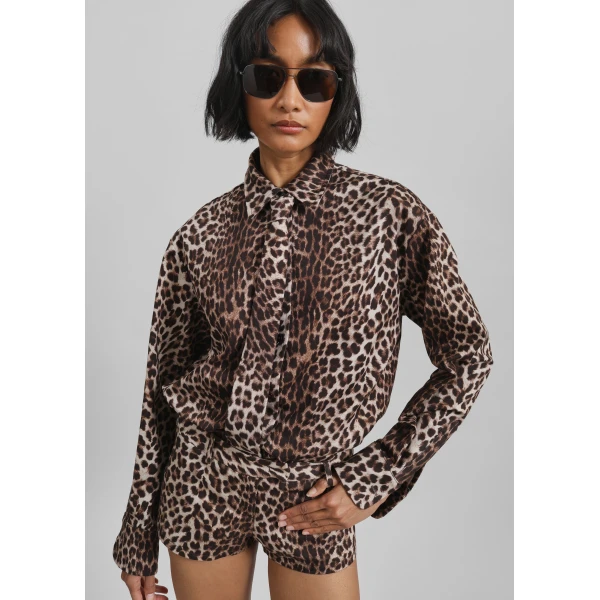 The Frankie Shop Lui Leopard Print Shirt - Brown - Oversized Minimalist Tops in Beige - Shop at Luxury Shoes 