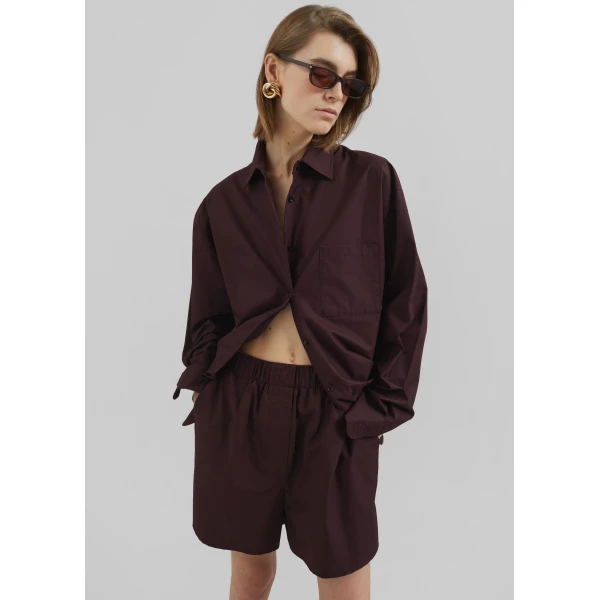 The Frankie Shop Lui Organic Cotton Boxer Shorts - Dark Plum - Oversized Minimalist Shorts in Purple - Shop at Luxury Shoes 