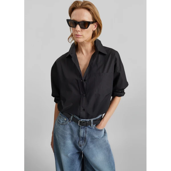 The Frankie Shop Lui Organic Cotton Shirt - Black - Oversized Minimalist Tops in Black - Shop at Luxury Shoes 