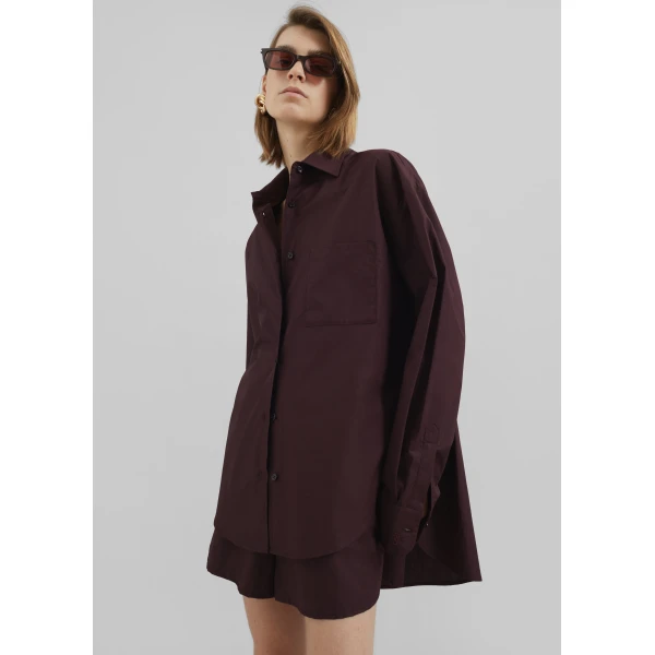 The Frankie Shop Lui Organic Cotton Shirt - Dark Plum - Oversized Minimalist Tops in Purple - Shop at Luxury Shoes 
