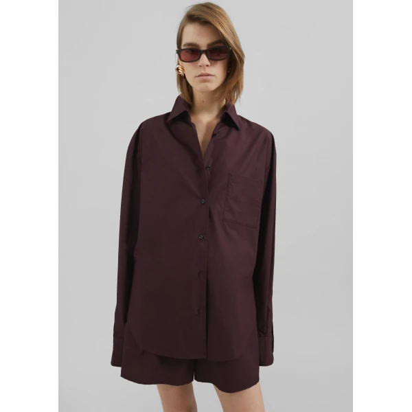 The Frankie Shop Lui Organic Cotton Shirt - Dark Plum - Oversized Minimalist Tops in Purple - Shop at Luxury Shoes 