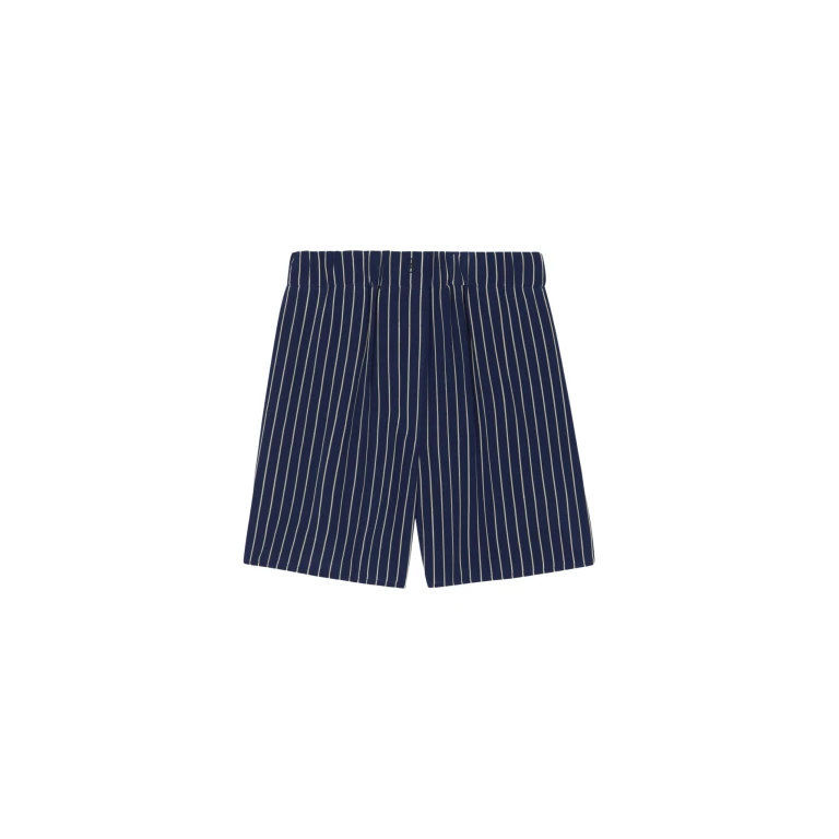 The Frankie Shop Lui Striped Boxer Shorts - Navy/Beige Pinstripe - Oversized Minimalist Shorts in Multicolour - Shop at Luxury Shoes 