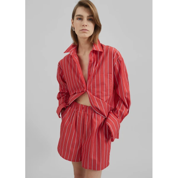 The Frankie Shop Lui Striped Cotton Boxer Shorts - Red/White Stripe - Oversized Minimalist Shorts in Multicolour - Shop at Luxury Shoes 