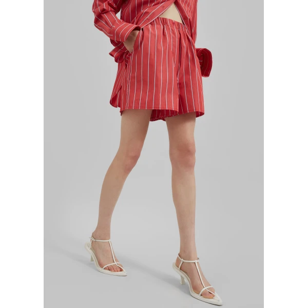 The Frankie Shop Lui Striped Cotton Boxer Shorts - Red/White Stripe - Oversized Minimalist Shorts in Multicolour - Shop at Luxury Shoes 