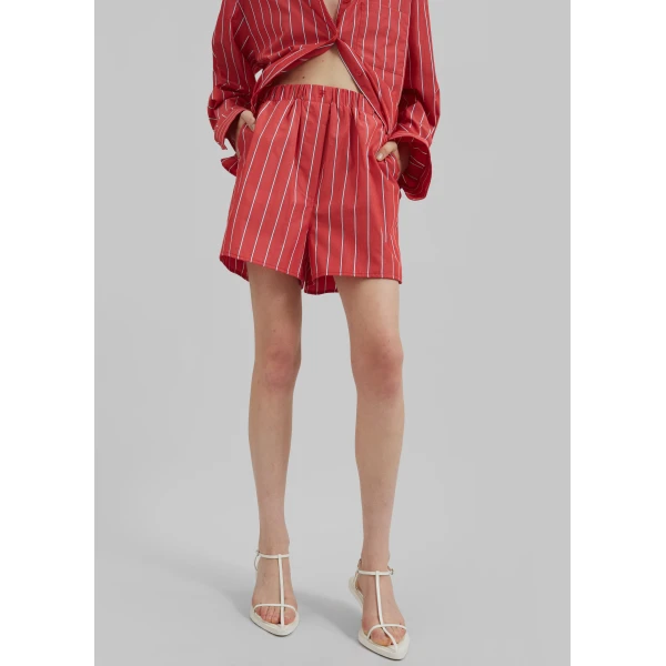 The Frankie Shop Lui Striped Cotton Boxer Shorts - Red/White Stripe - Oversized Minimalist Shorts in Multicolour - Shop at Luxury Shoes 